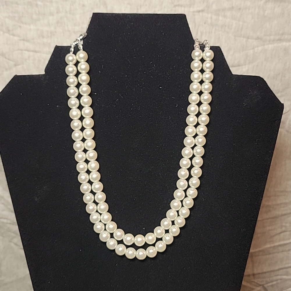 Vintage Double Strand Costume Pearls with Rhinestone Accents